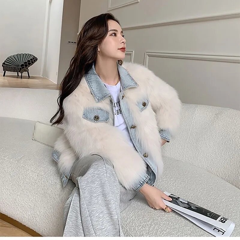 Mantel Bulu Imitasi Mode Musim Dingin Wanita Jaket Kepang Kancing Sebaris Bulu Rubah Palsu Jahitan Denim Jaket Hangat Wanita