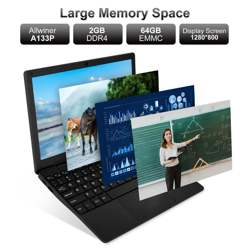 كمبيوتر محمول مع رباعي النواة ، كمبيوتر صغير ، A133 ، وحدة المعالجة المركزية ، واي فاي ، USB ، أسود ، 2G RAM + 64GB ROM ، in ، Android