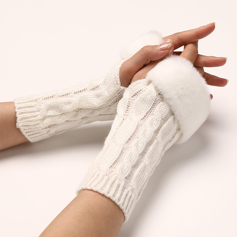 Inverno metade do dedo luvas para as mulheres quentes luvas de pele do falso mão menina braço aquecedores de tricô luvas ocas unisex sem dedos