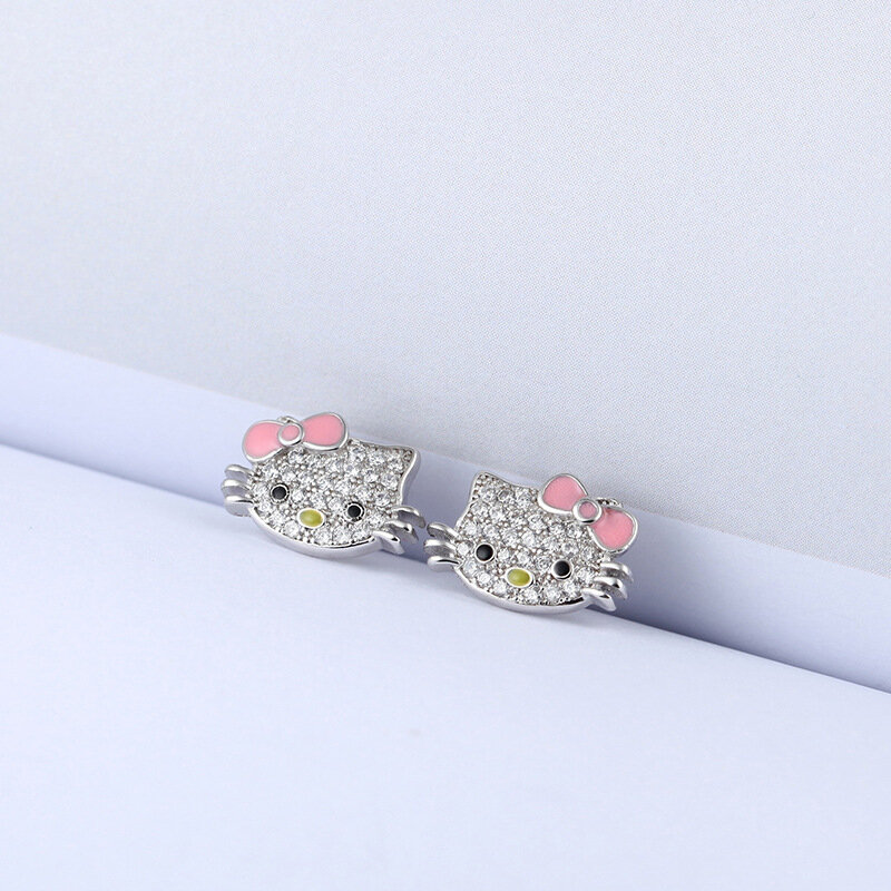 Hello Kitty Simple, Sweet and Cute Kt Alloy Stud Earrings, Kawaii Sanrioed Epoxy And Diamond Earring Jewelry Toys For Girls Gift