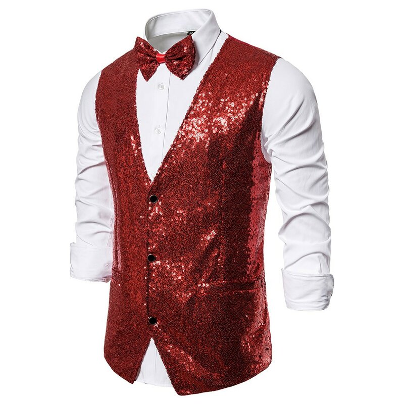 Men's Solid Color Sequined Fashionable Suit Vest V Neck Slimming Fit Single Breasted Sleeveless Business Suit Tank With Bow Tie