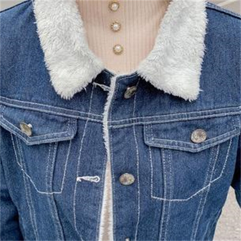 Keramo Зимние флисовые джинсовые пальто, женская утепленная бархатная куртка из искусственного меха, женское винтажное теплое потертое пальто, верхняя одежда, Осенние Топы
