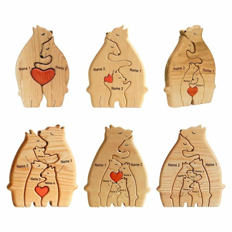 Wooden Bear Family Statue DIY Family Name Heart Puzzle Desktop Ornament Home Table Decoration Gift for Mother's Day Birthday