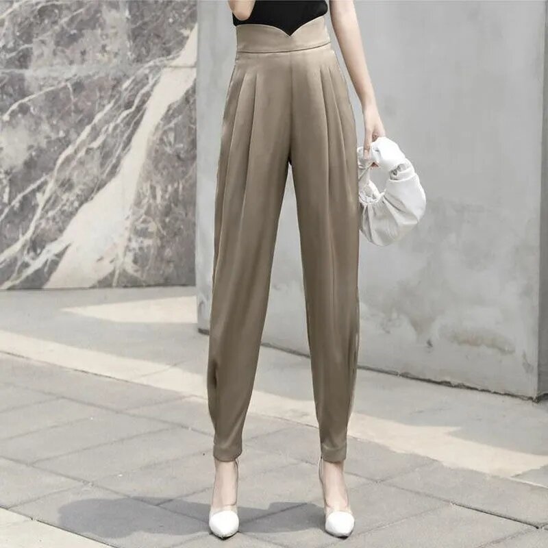 Pantalones elegantes de satén de acetato para mujer, traje holgado de cintura alta hasta el tobillo, primavera y verano, 2023