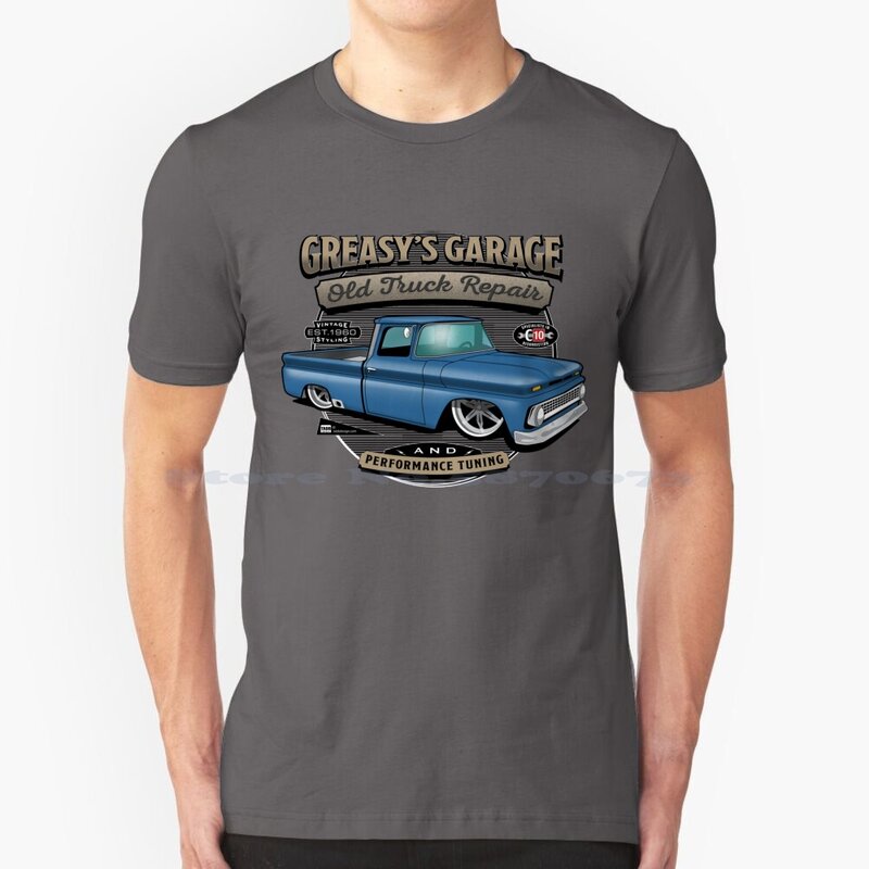 Greasy's Garage Blue Design T Shirt 100% Cotton Tee Fleetside Vintage Hotrod Oldtruck Garage Mechanic Lowered Ratrod Air Ride