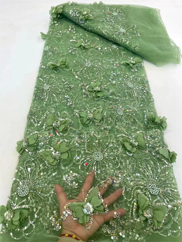 Wunderschöne grüne 3d Blumen afrikanische handgemachte Perlen Schnürsenkel Stoffe Luxus nigerian ischen Pailletten Mesh Spitze Stoff für Hochzeits feier Kleid