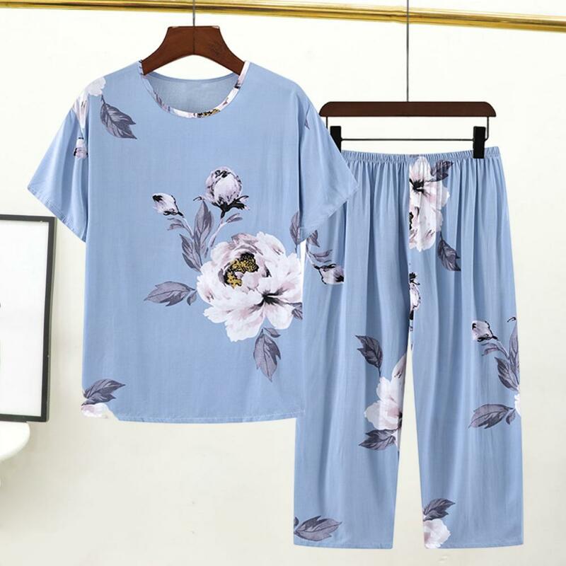 Conjunto de pijama estampado floral feminino, elegante, de meia idade, tecido macio, elástico na cintura, confortável para a mãe