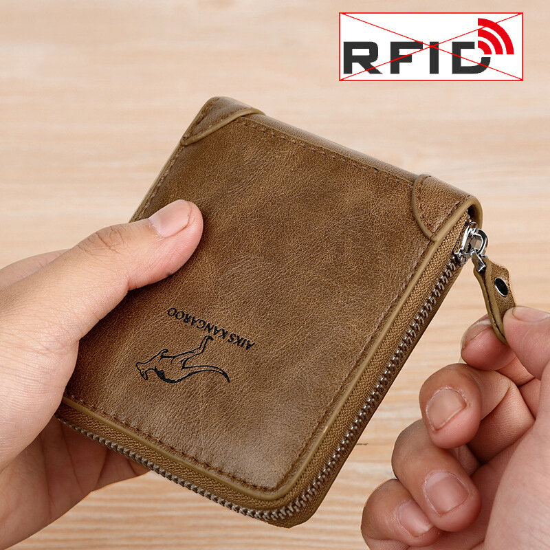 Мужской кожаный бумажник, с отделением для карт, на молнии, с карманом для монет, Rfid