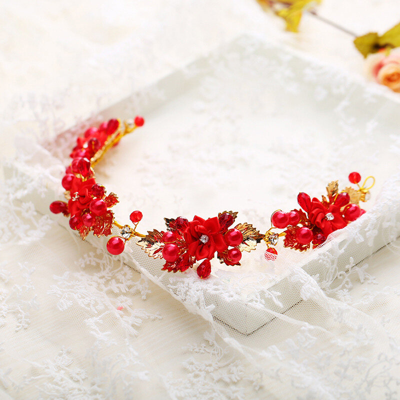 New Korean Style Luxurious Red Flower Shape Rhinestone Handmade Bride Crown Tiara Wedding Hair Accessories