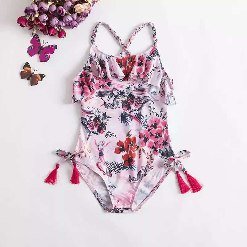 2024 Summer 1-5 Years Girls Swimsuit One Piece Swimsuit Flower Leopard Printing Swimwear For Children Summer Bikini Bathing Suit