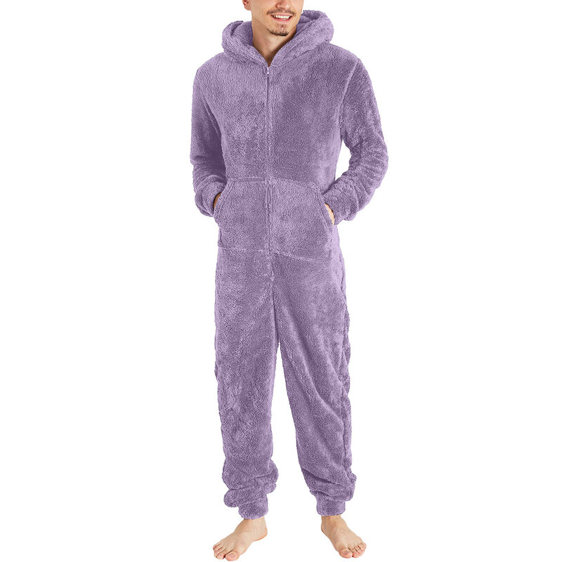 Zimowa piżama kombinezony męskie z długim rękawem z kapturem sztuczna wełna kombinezon do spania w domu ciepły polar męski piżama kombinezon