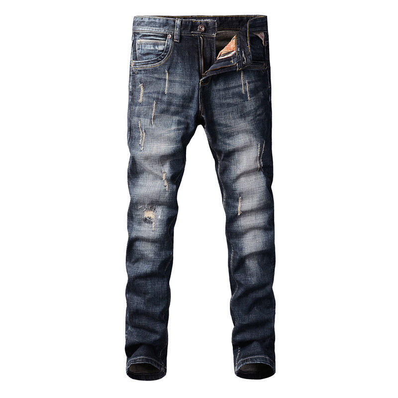 Pantalones vaqueros de estilo italiano para Hombre, Jeans rasgados, elásticos, ajustados, informales, de diseñador Vintage, Retro, negro y azul