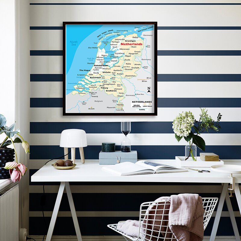 Mapa de otografía de los Países Bajos, lienzo no tejido, pintura, arte de pared, póster, decoración del hogar, suministros escolares, 90x90cm