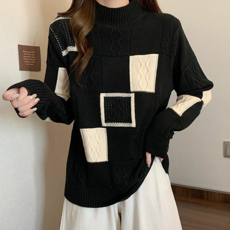 Komuter Korea kotak-kotak disambung jumper musim gugur musim dingin pakaian wanita Jacquard tenun bergaya sekrup benang longgar sweater rajutan