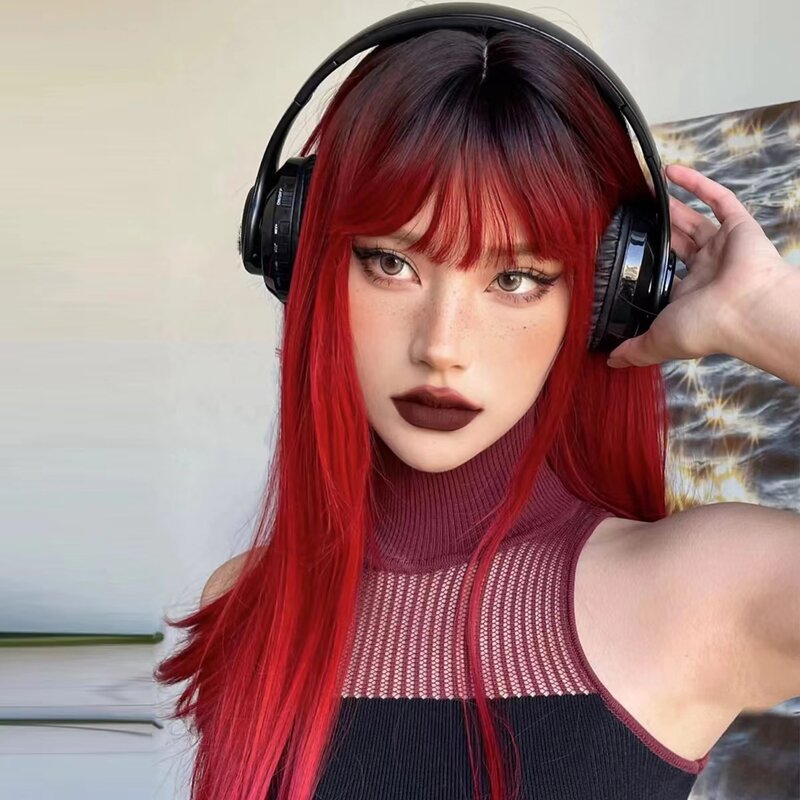 HAIRprofits ic-Perruque synthétique longue et lisse avec frange pour femme, perruque noire et rouge ombrée, perruque en fibre de degré de chaleur, cosplay de fête
