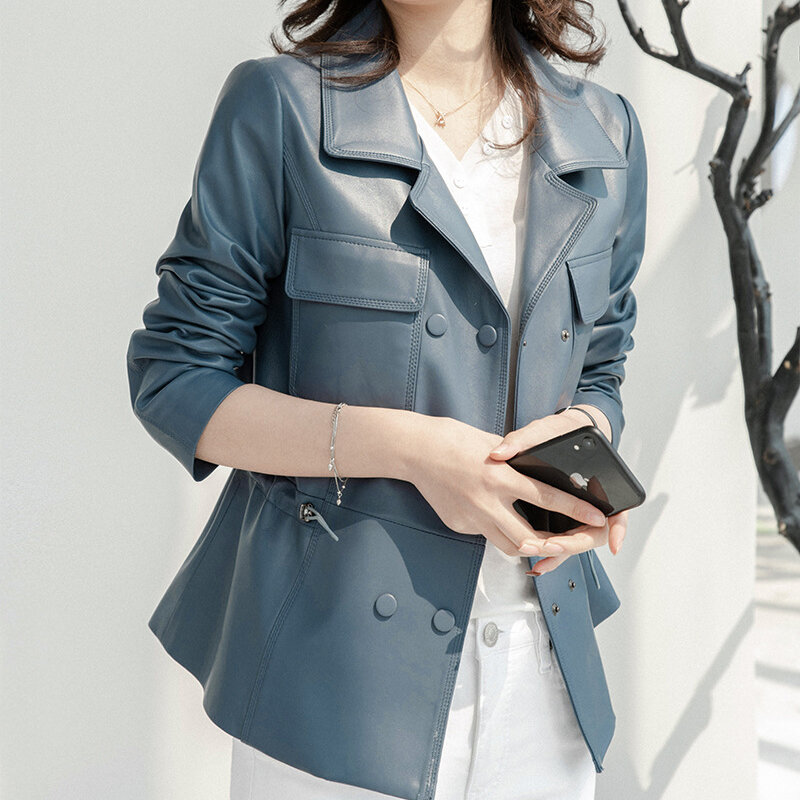 2023 Leather Jacket For Women's Spring Casual Short Sheepskin Double Breasted Waist Drawstring Suit Collar Genuine Leather Coat