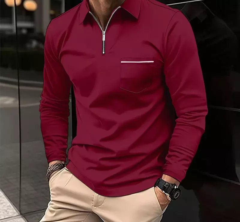 Polo kaus serbaguna pria, kaos olahraga longgar lengan panjang bersaku ritsleting warna Solid kasual musim gugur 2023