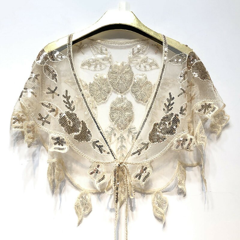 Xaile de lantejoulas de malha vintage feminino, capa respirável, leve, lavável, frisado, flapper, vestido de noite