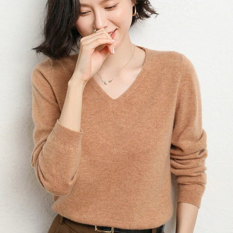 Suéter feminino de cashmere manga comprida, pulôver gola v, blusa tricotada, primavera e outono