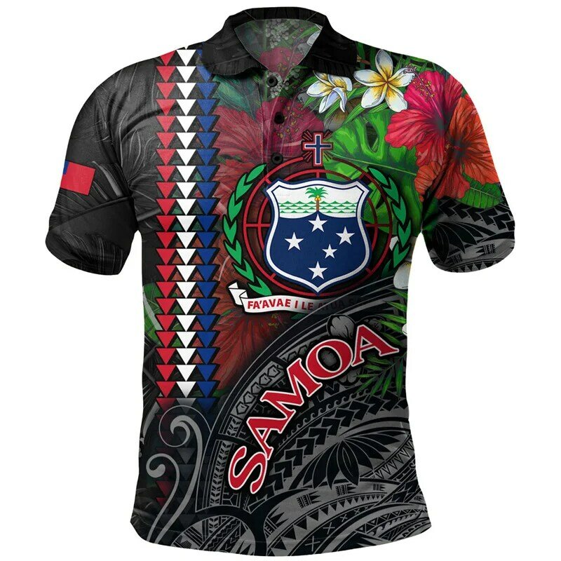Moda havaiana masculina polo, camisa polo com botão impresso em 3D, camiseta solta, tops de rua polinésia legal, mangas curtas, verão