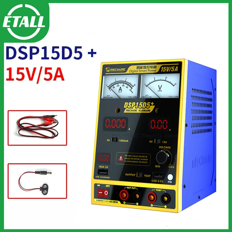 Mecânico CNC Power Supply Repair Detection Tool, ajustável DC Power Supply, 15V, 5A, Dual Pointer, LED, DSP15D5