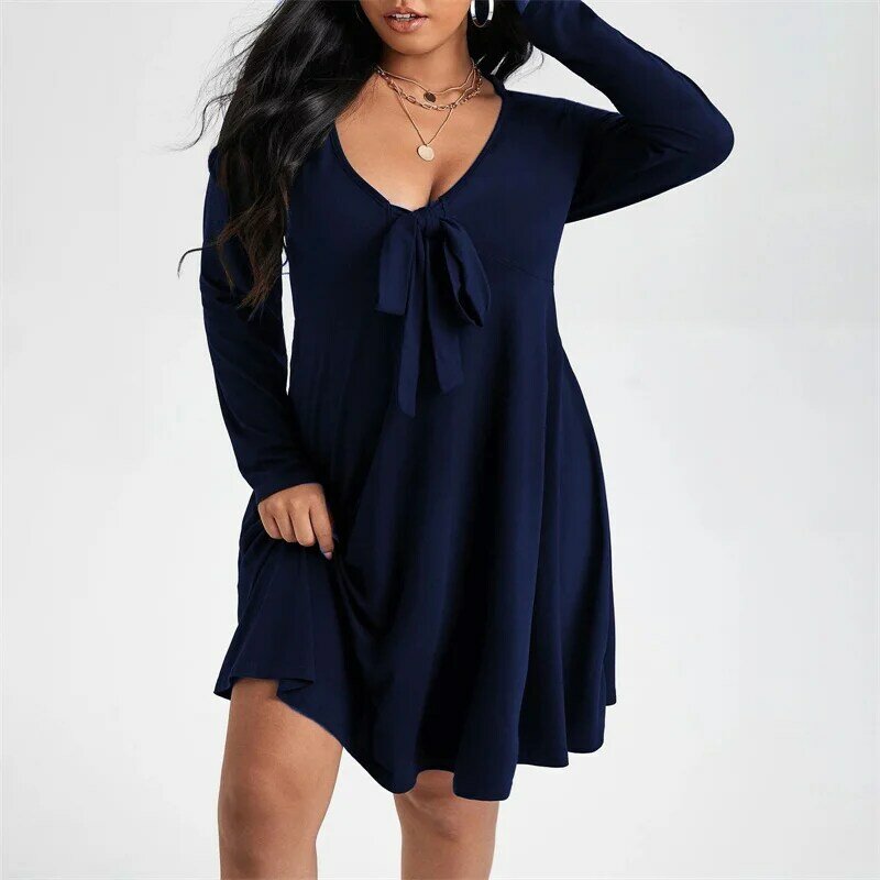 Ladies Plus Size Dresses Fashion Spring Autumn Sexy Deep V-Neck Bow A Line Oversized Women Clothes Long Sleeve Casual Dress 2022