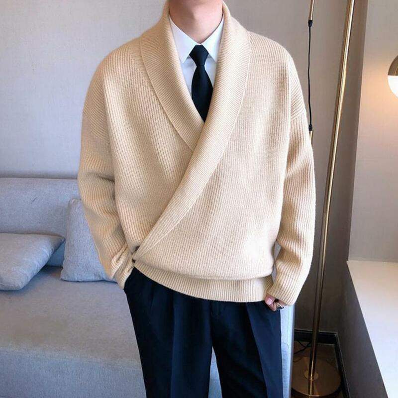 Cozy Solid Color Pullover Elastic Hem Sweater Men's Cross Deep V Neck Knitted Sweater Thick Warm Pullover for Fall Winter Soft