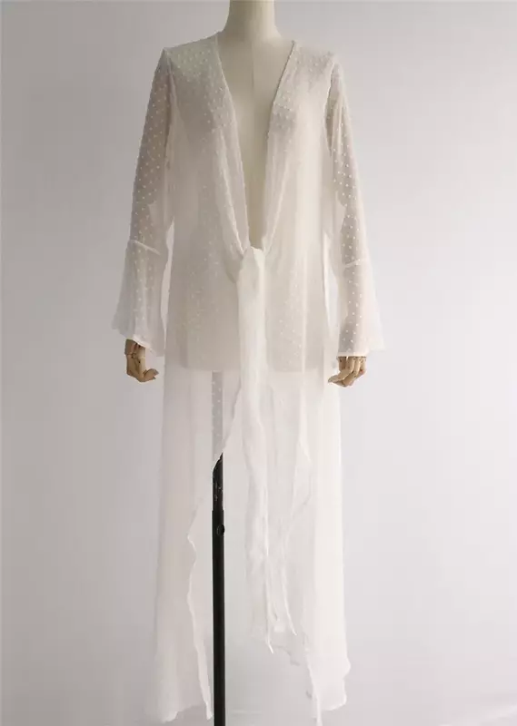 Vestido playero blanco para mujer, túnica larga con estampado de lunares, Pareos, Bikinis, cárdigan de natación, ropa de playa 2024