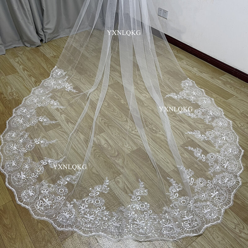 4 Meter White Ivory Cathedral Wedding Veils Long Lace Edge Bridal Veil with Comb Wedding Accessories Bride Veu Wedding Veil