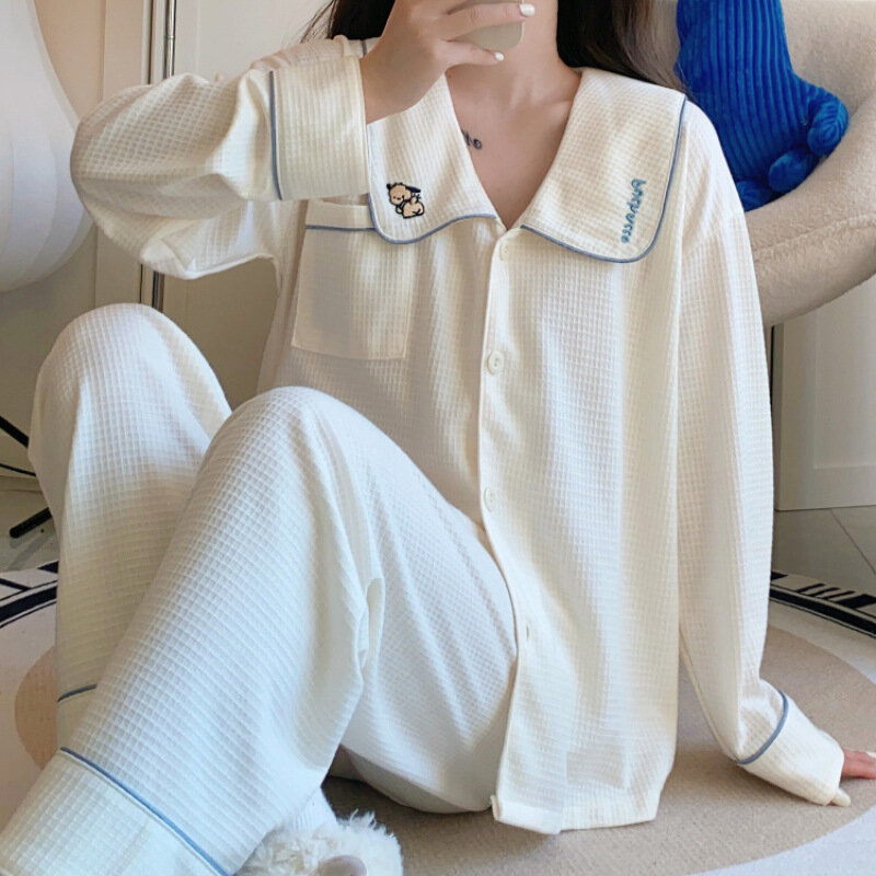 Conjunto de Pijama de 2 piezas para mujer, ropa de dormir de Carttoon, 100% algodón, camisa de manga larga con solapa, pantalones, ropa de casa