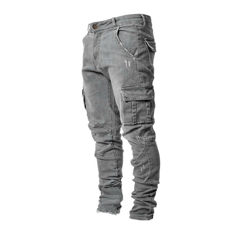 2024 Spring Summer New Men's Clothing Solid Color Stretch Multi-Bag Skinny Pants Slim Slimming Denim Cargo Pants