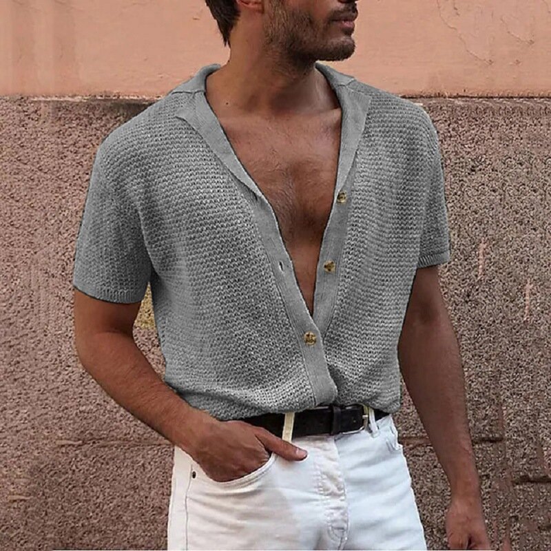 Suéter casual de malha de lapela masculino, blusa de manga curta, cardigã de peito único, moda