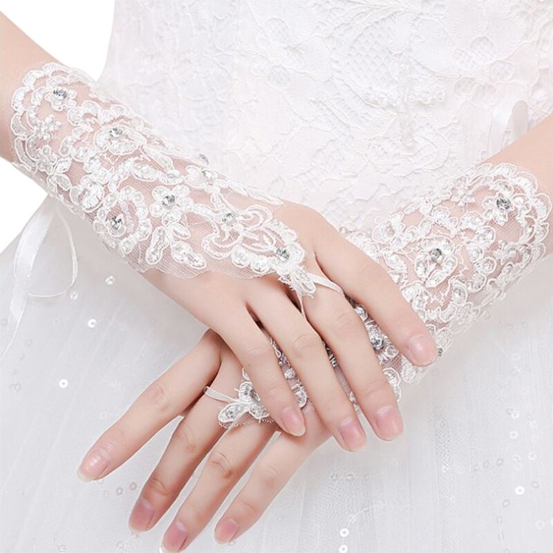 Womens Fingerless Short Lace Gloves for Wedding Wrist Length Bridal Prom Tea Party Mittens with Hook Finger Loop