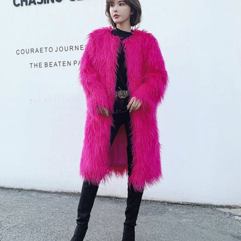 Abrigo largo de lana de cordero de imitación de piel de imitación para mujer, chaqueta de piel artificial colorida para invierno