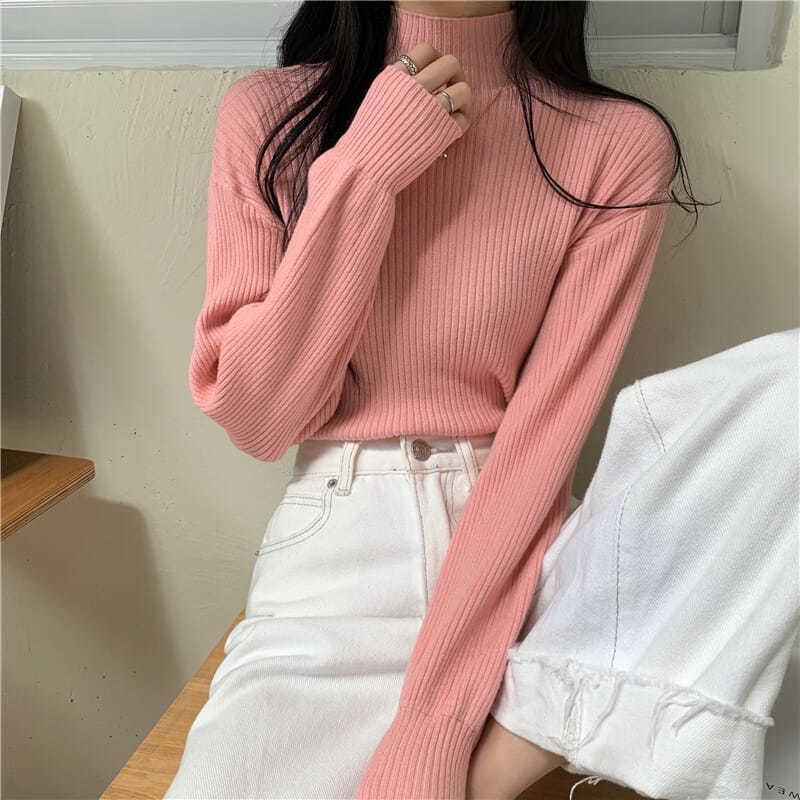 Sweater Women's Half Turtleneck Lantern Sleeve Solid Color Sweater Knitted Top Women's Pullover Autumn and Winter Dropshipping