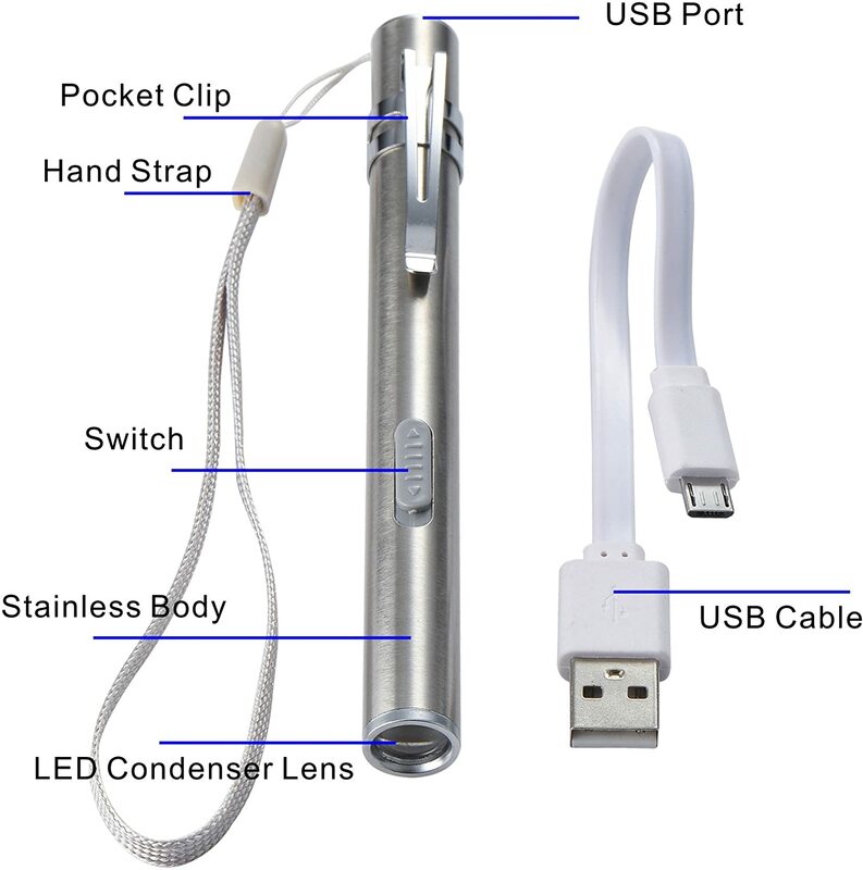 의료용 핸디 펜 라이트, USB 충전식 미니 간호 손전등, LED 토치, 스테인레스 스틸 클립, 품질 및 전문가