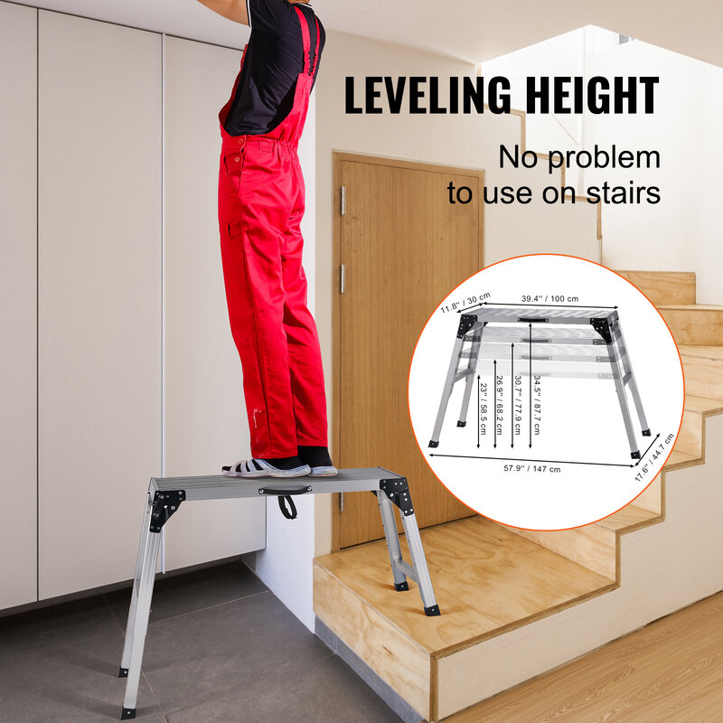 VEVOR 330lbs Work Platform Adjustable Folding Aluminum Drywall Ladder Non-Slip Work Bench w/ Portable Handle