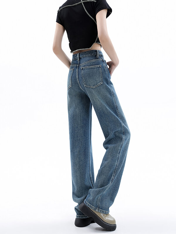 Jeans a vita alta per abbigliamento donna blu nero gamba dritta pantaloni in Denim pantaloni mamma Jean pantaloni larghi lunghezza intera