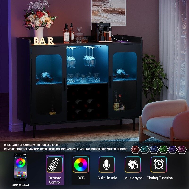 Hyomdeck Liquor Cabinet Bar with Power Outlet and LED Light, Wine Bar Cabinet with Wine and Glasses Rack Home Coffee Bar Cabinet