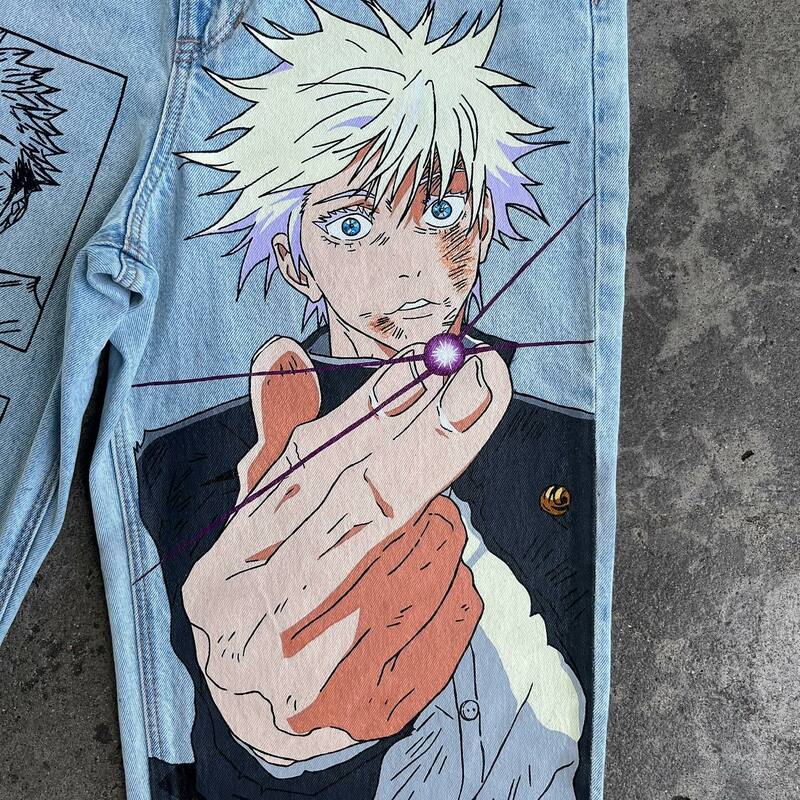 Jeans a gamba larga con grafica Anime giapponesi Streetwear Y2K Jeans per uomo donna nuovi Jeans a vita alta stile Harajuku pantaloni larghi