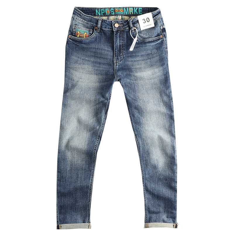 Artesanato pesado masculino bordado de jeans azul lavado, fino, pequeno, reto, elástico, confortável, nova moda, verão