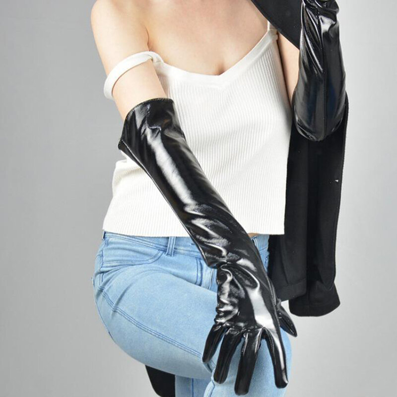 Женские перчатки из лакированной кожи, черные перчатки из искусственной кожи, длина 50 см, WPU42