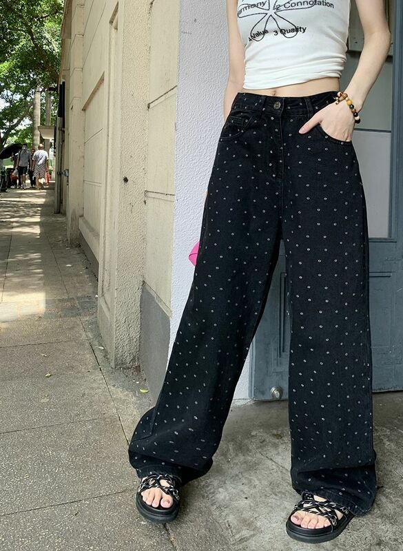 Damskie czarne Retro kropki z wysokim stanem workowate dżinsy w stylu Vintage szerokie nogawki spodnie damskie casualowe spodnie jeansowe