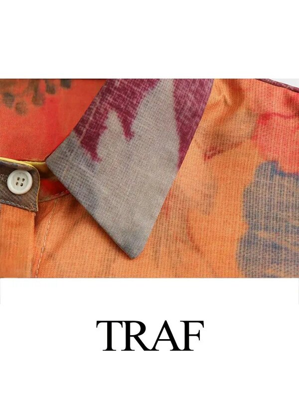 TRAF 레트로 플라워 프린트 여성 캐주얼 셔츠, 플립 칼라, 독특한 히든 단추 상의, 9/4 소매 루즈 셔츠, 용수철 패션