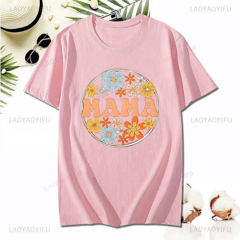 Mama Shirts for Women Mama Flowers Shirt Floral Mama Graphic T-Shirt Tee Short Sleeve Mom Cotton Tops Harajuku Vintage Cute Tee