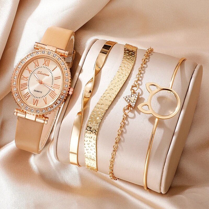 여성용 패션 쿼츠 시계, 럭셔리 가죽 밴드, 아날로그 손목시계, 여성용 원피스 팔찌 세트, Reloj Mujer 시계