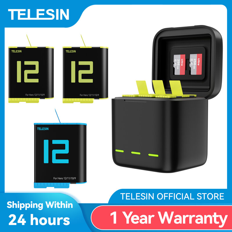 TELESIN-Boîte de rangement de batterie pour GoPro, chargeur de lumière LED, carte TF, 3 emplacements, 12, 11, 10, 9, 1750 mAh