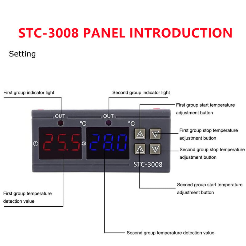 المزدوج الرقمية STC-3008 تحكم في درجة الحرارة اثنين من التتابع الناتج ترموستات سخان مع التحقيق 12 فولت 24 فولت 220 فولت المنزل الثلاجة تبريد الحرارة