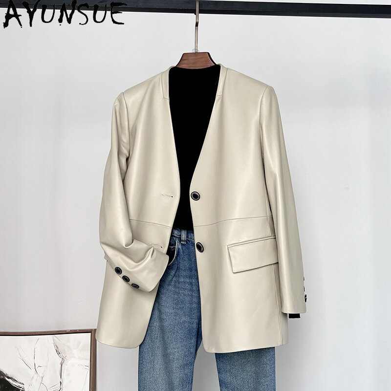 AYUNSUE Genuine Leather Jacket Women 2023 Elegant 100% Real Sheepskin Coat V-neck Leather Jackets Korean Suit Coat Chaquetas