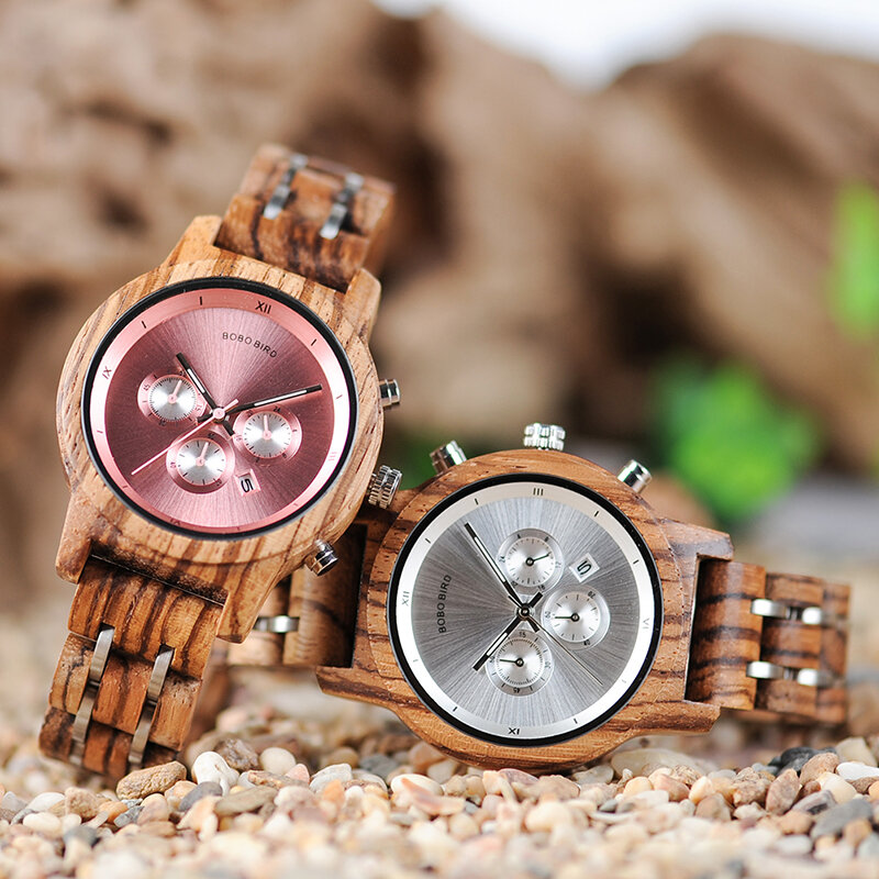 BOBOBIRD-Montre à quartz chronographe pour couple, montre-bracelet en bois faite à la main avec calendrier, boîte cadeau en bois, lui et lui